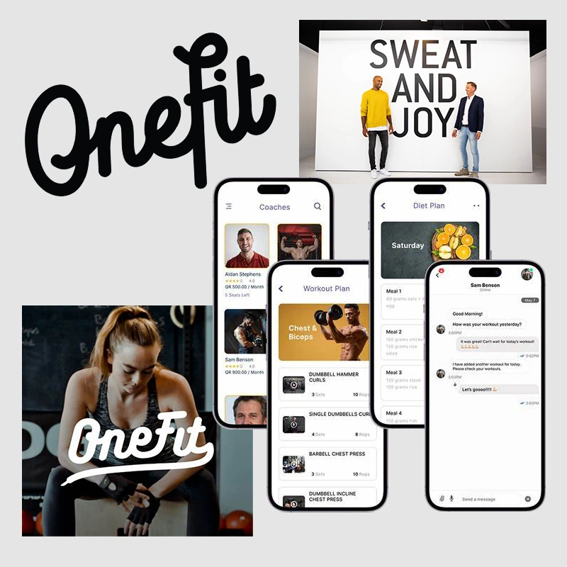 Collage van het sportplatform OneFit. Linksboven het OneFit-logo, rechtsboven twee mannen voor een bord met 
						  de tekst: Sweat and Joy. In het midden vier smartphoneschermen met de OneFit-app, waarop coaches, 
						  trainingsschema’s, dieetplannen en chatgesprekken te zien zijn. Linksonder een vrouw in sportkleding die 
						  zich voorbereidt op een workout.