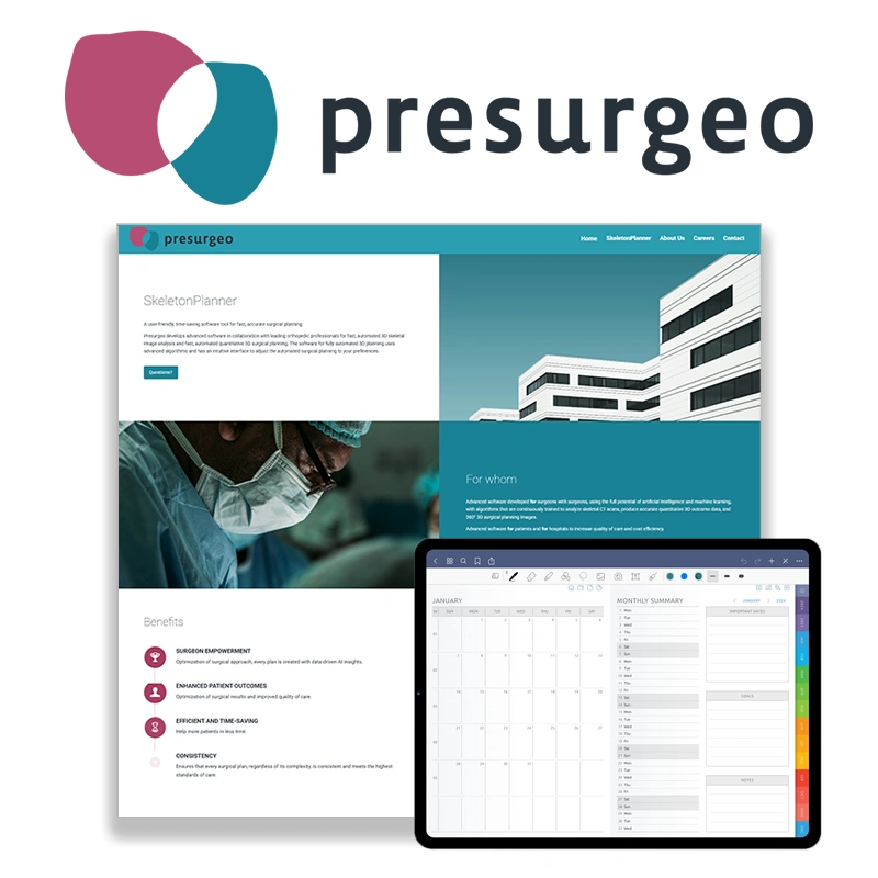 Afbeelding van Presurgeo, een medtechbedrijf dat chirurgische planning ondersteunt met AI-software. 
						  Bovenaan het logo, daaronder een screenshot van de website met informatie over de SkeletonPlanner-tool, 
						  en een digitale agenda op een tablet die planning en workflow visualiseert.