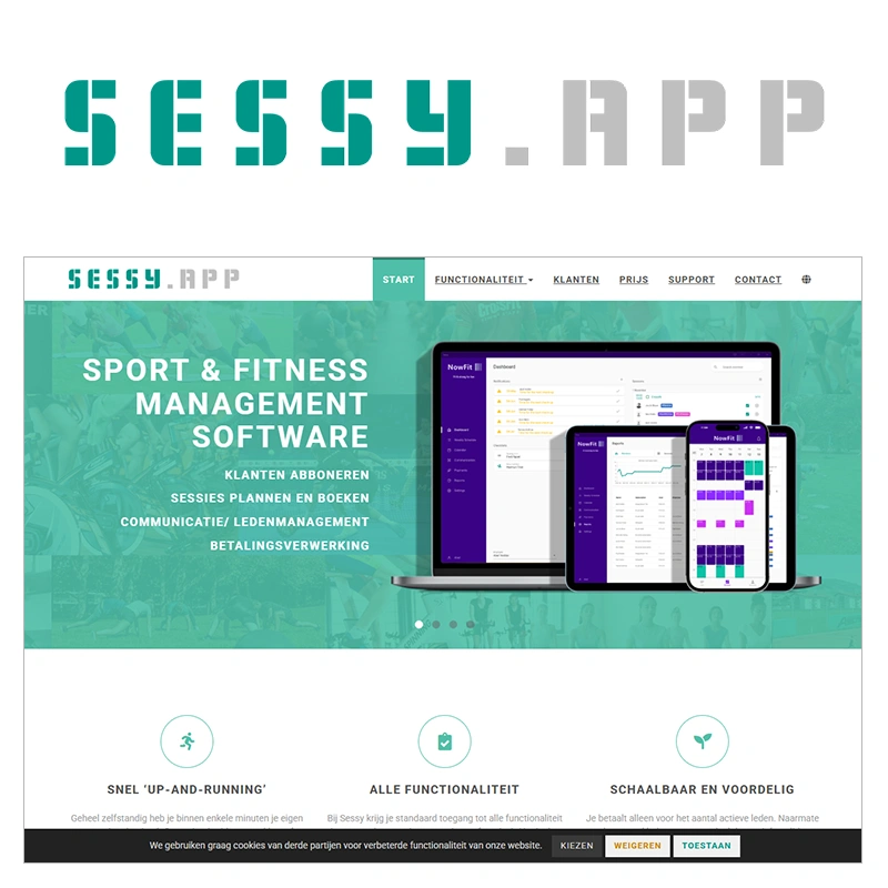 Screenshot van de homepage van Sessy.app, een sport- en fitnessmanagementsoftware. Bovenaan het logo 
						  in turquoise en grijs. In het midden een visual met laptop, tablet en smartphone waarop het dashboard 
						  van de software te zien is. De tekst benadrukt functies als sessies plannen, ledenbeheer en 
						  betalingsverwerking. Onderaan drie icoontjes met toelichting: snel opstarten, volledige functionaliteit, 
						  schaalbaar en voordelig.