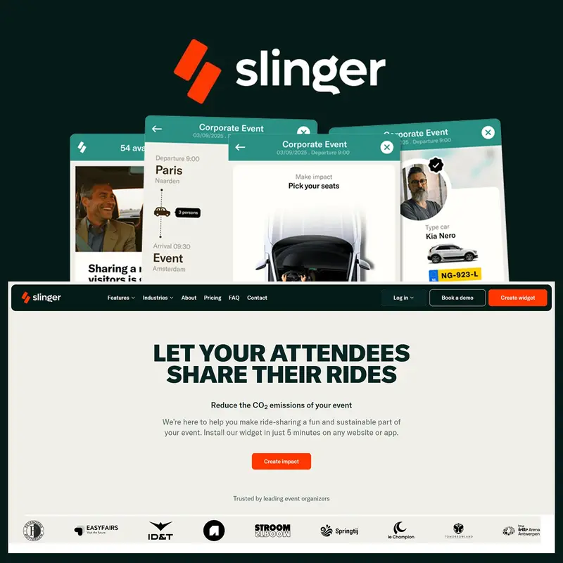 Afbeelding van Slinger, een ridesharing-platform voor evenementen. Bovenaan het logo van Slinger 
						  met daaronder een voorbeeld van de widget en website die deelnemers helpt om ritten te delen naar 
						  evenementen.