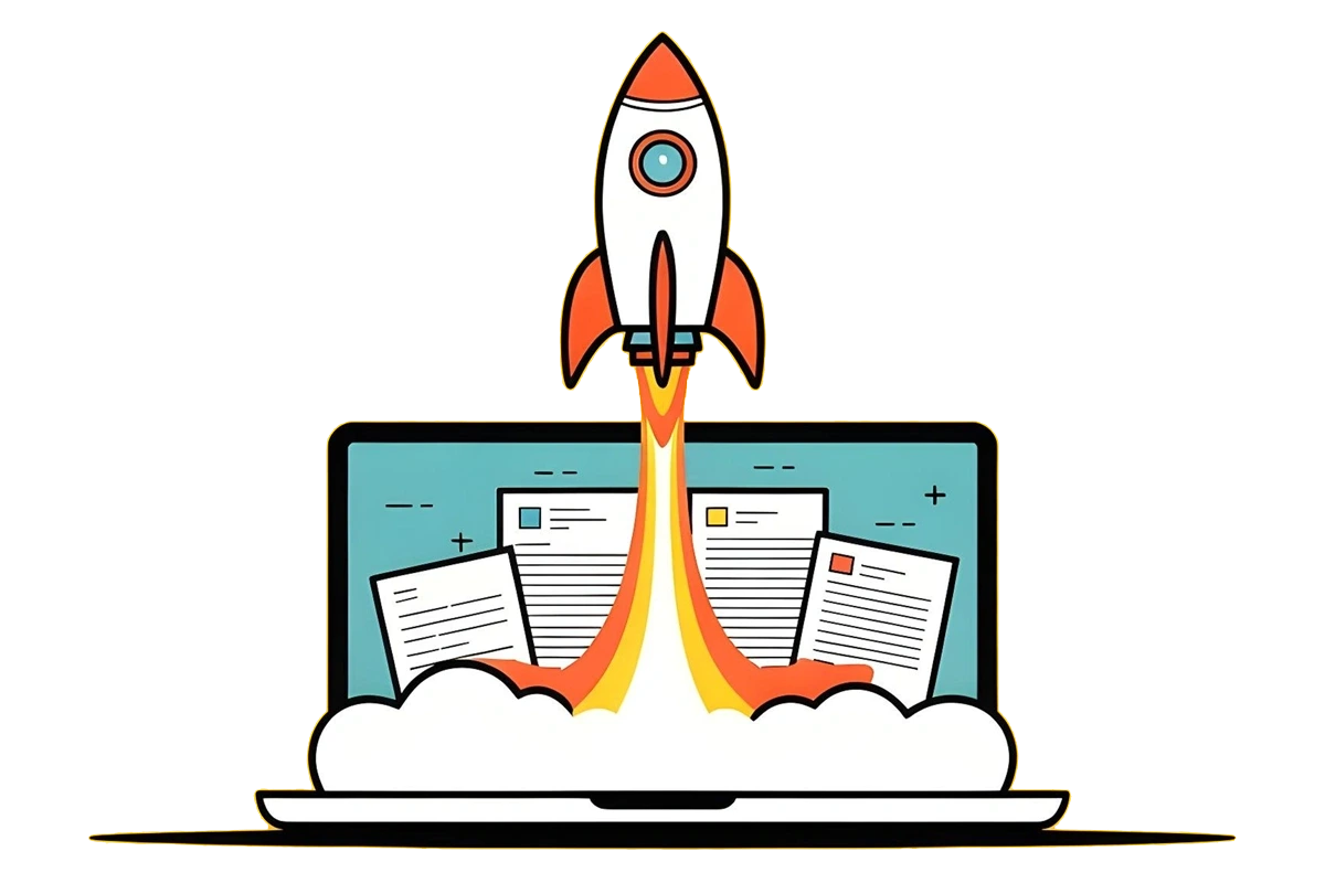 Illustratie van een raket die opstijgt vanuit een laptop
